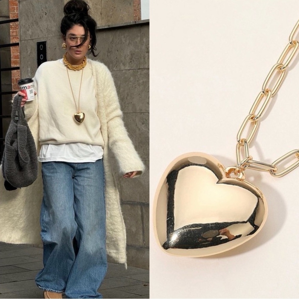 Gold Puffy Heart Long Necklace (8513)